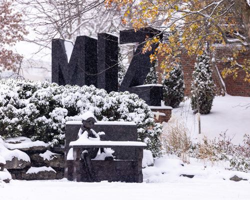 Mizzou sign covered in snow.